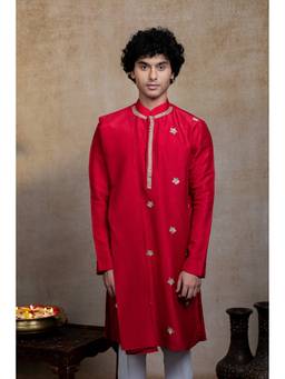 HILO DESIGN - Kumkuma Crimson Red Zari Silk Embroidered Kurta with Dupatta