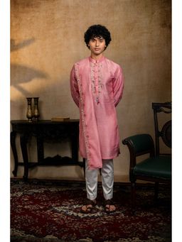 HILO DESIGN - Gulab Pakshi Pink Silk Embroidered Kurta with Dupatta