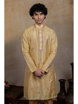 HILO DESIGN - Padmajaal Yellow Semi Pattu Silk Embroidered Kurta