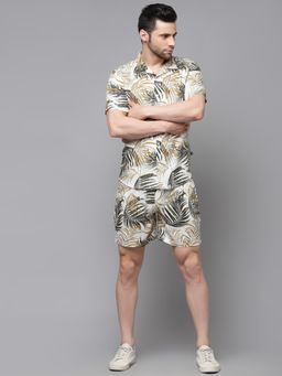 RIGO - Men White Palm Leaves Print Rayon Half Sleeves Co-Ord (Set of 2)
