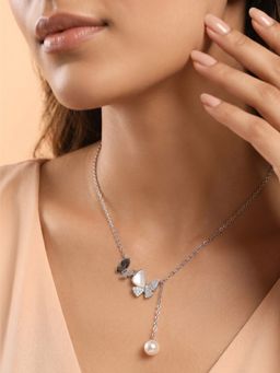 925 SILLER - 925 Pure Silver White Butterfly Pearl Drop Necklace