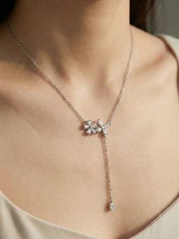 Silberry - 925 Sterling Silver White Crystal Floral Necklace