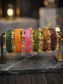 NVR - Women Trendy 24 Multi-Color with 12 Gold Plated Kashmiri Bangles Ghungroo Charms