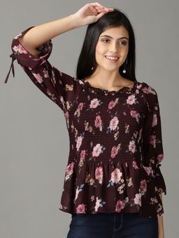 SHOWOFF - Womens Full Sleeves Square Neck Wine Printed Top