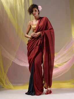 CHARUKRITI - Red and Grey Colorblock Handloom Tassels Saree with Unstitched Blouse