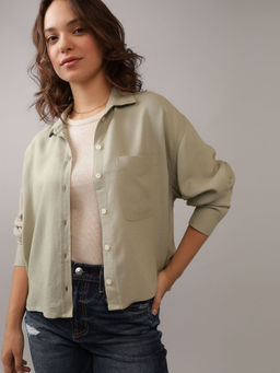 American Eagle - Women Green Cropped Button-Up Shirt