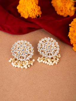 Indya - Gold Floral Kundan Pearl Drop Stud Earrings