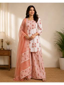 DHANNAK - Pink Floral Kurti with Farshi Palazzo and Dupatta