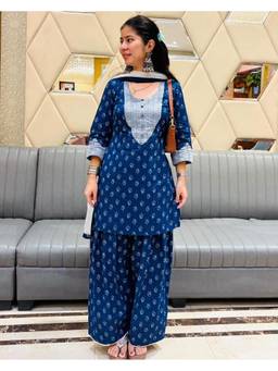 DHANNAK - Blue Floral Kurti with Farhi Palazzo and Dupatta