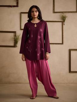 QAZMI - Women Burgundy Floral Aari Embroidered Kurti with Farshi Salwar