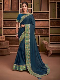 Odette - Teal Blue Silk Georgette Designer Saree with Unstitched Blouse