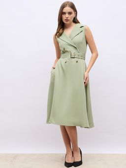 Styli - Women Olive Sleeveless Solid Blazer Midi Dress (Set of 2)