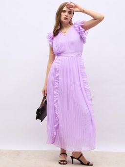 Styli - Women Ruffle Sleeves V Neck Pleated A-Line Maxi Dress