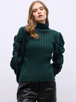 Styli - Women Green High Neck Regular Fit Sleeve Detail Sweater