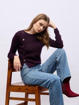Styli - Women Purple Golden Button Round Neck Fitted Sweater