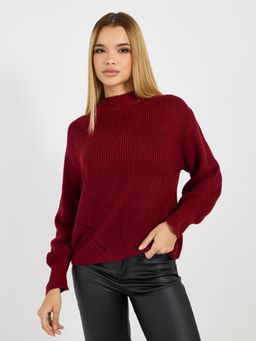 Styli - Women Burgundy Round Neck Volume Sleeves Sweater