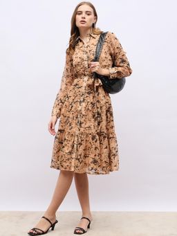 Styli - Women Shirt Collar Abstract Print A-Line Tiered Midi Dress