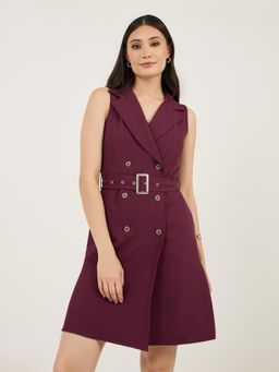 Styli - Women Solid Double Breasted Belted Mini Length Blazer Dress (Set of 2)