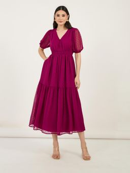 Styli - Women V-Neck Puff Sleeves Elastic Waist A-Line Midi Dress