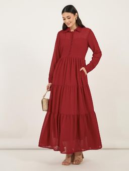 Styli - Women Shirt Collar Long Sleeves Tiered Maxi Dress