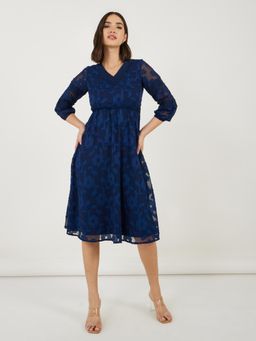 Styli - Women V-Neck 3-4th Sleeves A-Line Midi Dress