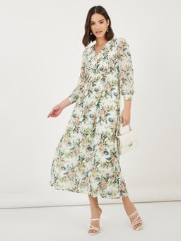 Styli - Women V-Neck Puff Sleeves A-Line Midi Dress