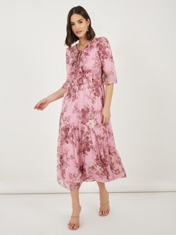 Styli - Women Ruffle Neck Puff Sleeves A-Line Midi Dress