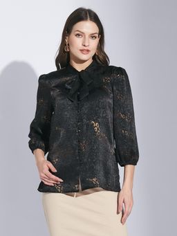 Latin Quarters - Women Black Self Design Tie Up Shirt