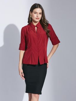 Latin Quarters - Women Maroon Casual Solid Collared Half Sleeves Shirt