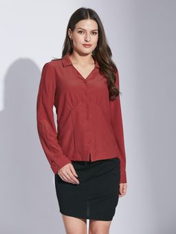 Latin Quarters - Women Maroon Casual Solid Collared Full Sleeve Shirt