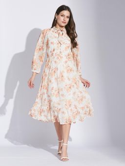 Latin Quarters - Women Orange Casual Floral Tie Up 3-4th Sleeves Fit and Flare Dress