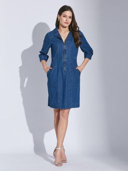 Latin Quarters - Women Blue Casual Solid Collared 3-4th Sleeves Dress
