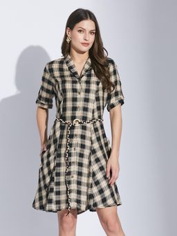 Latin Quarters - Women Beige Casual Check Collared Half Sleeves Dress