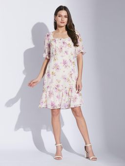 Latin Quarters - Women Purple Casual Floral Square Neck Half Sleeves Dress