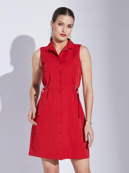Latin Quarters - Women Red Casual Solid Collared Sleeveless Dress