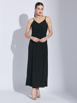 Latin Quarters - Women Black Party Shimmery Shoulder Strap Neck Sleeveless Maxi Dress