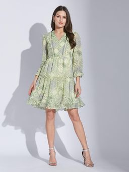Latin Quarters - Women Green Casual Floral V Neck 3-4th Sleeve Dress