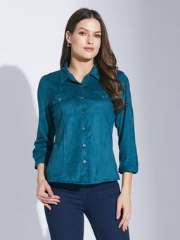 Latin Quarters - Women Teal Casual Solid Collared 3-4th Sleeves Shirt