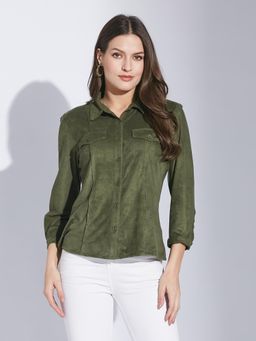Latin Quarters - Women Green Casual Solid Collared 3-4th Sleeves Shirt
