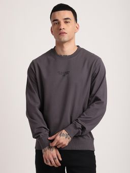 R&B - Grey Cotton Blend Regular Fit Crew Neck Graphic Print Men Sweatshirt