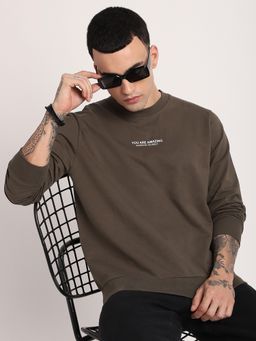 R&B - Olive Cotton Blend Regular Fit Crew Neck Graphic Print Men Sweatshirt