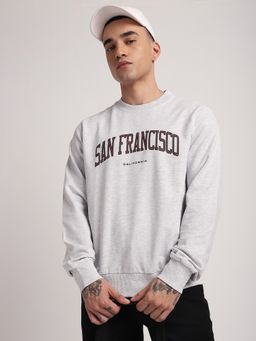 R&B - Grey Cotton Blend Regular Fit Crew Neck Graphic Print Men Sweatshirt