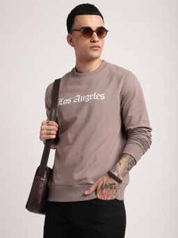 R&B - Cream Cotton Blend Regular Fit Crew Neck Graphic Print Men Sweatshirt