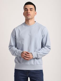 R&B - Blue Cotton Blend Regular Fit Crew Neck Solid Men Sweatshirt