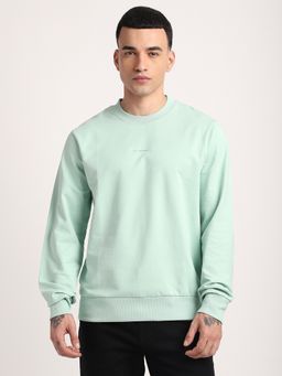 R&B - Green Cotton Blend Regular Fit Crew Neck Solid Men Sweatshirt