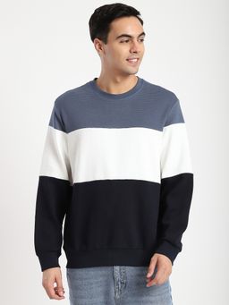 R&B - Navy Blue Cotton Blend Regular Fit Crew Neck Colorblock Men Sweatshirt