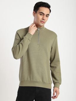R&B - Green Cotton Blend Regular Fit High Neck Textured Men Sweatshirt