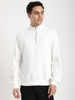R&B - Ivory Cotton Blend Regular Fit High Neck Textured Men Sweatshirt
