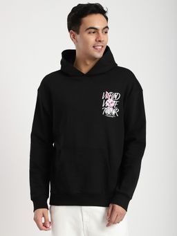 R&B - Black Cotton Blend Regular Fit Hooded Graphic Print Men Hoodie