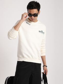 R&B - Cream Cotton Blend Regular Fit Crew Neck Graphic Print Men Sweatshirt